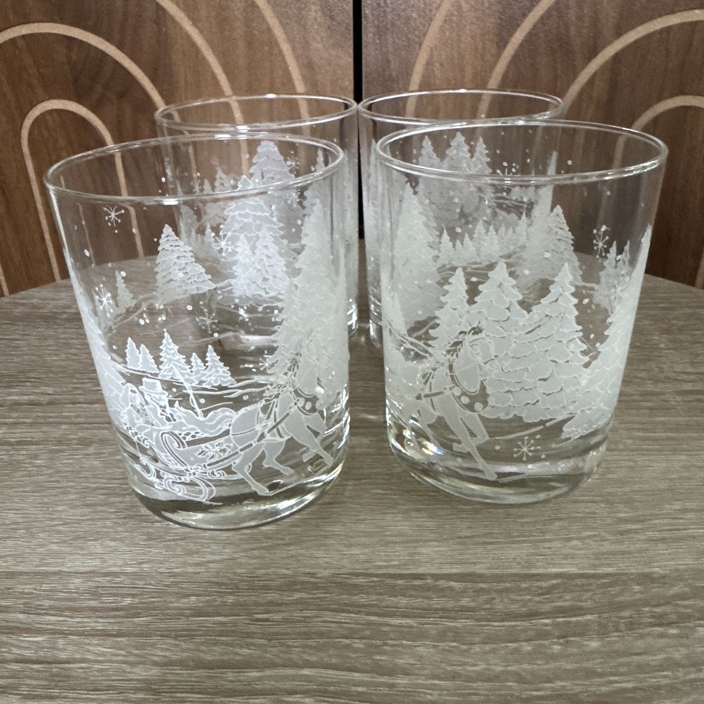 Vintage 4 AVON "THROUGH THE WOODS" Frosted Winter Scene Lowball Sleigh Ride 12oz
